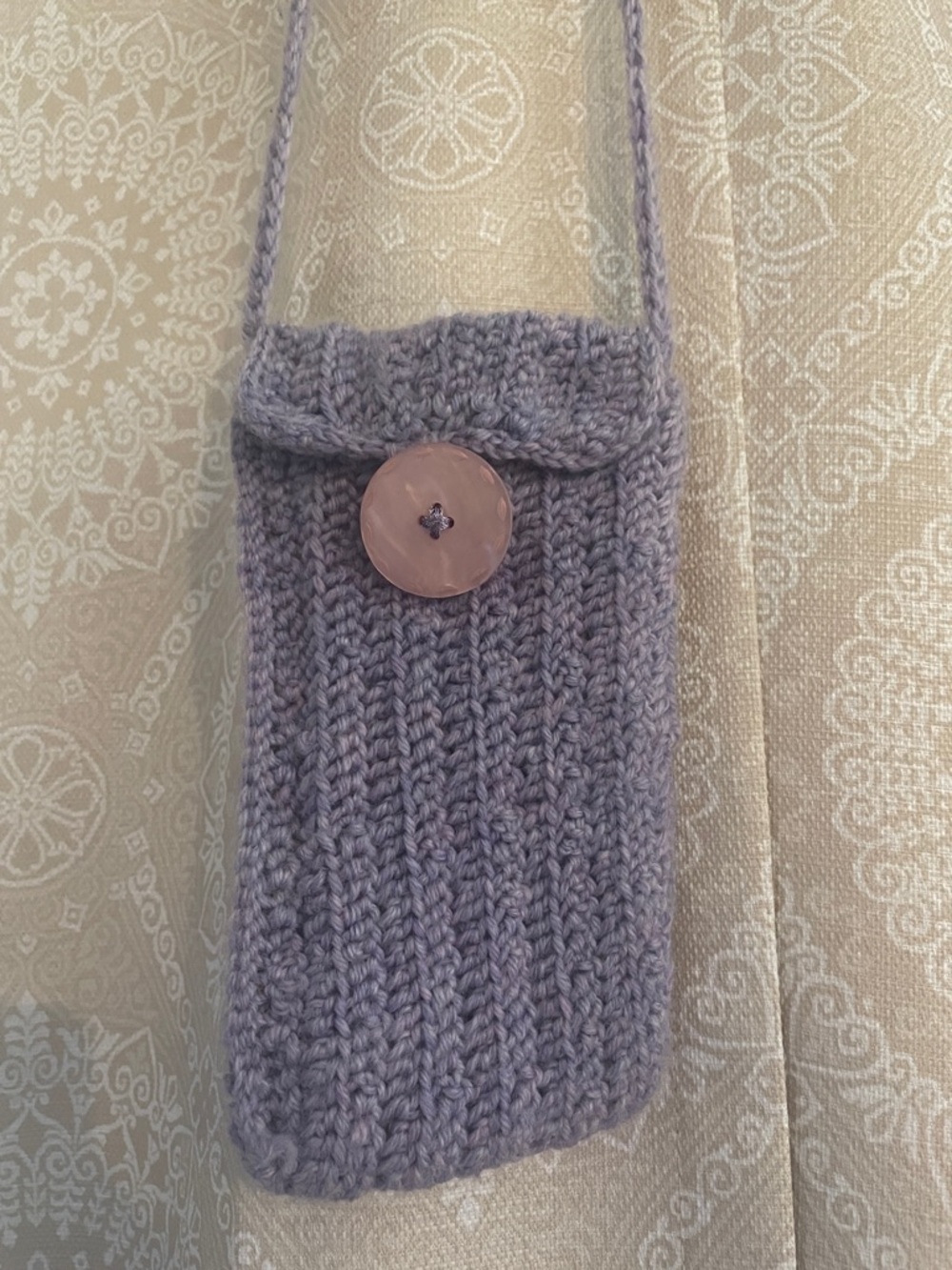Handmade Purple Knit Crossbody Phone Bag with Button Closure